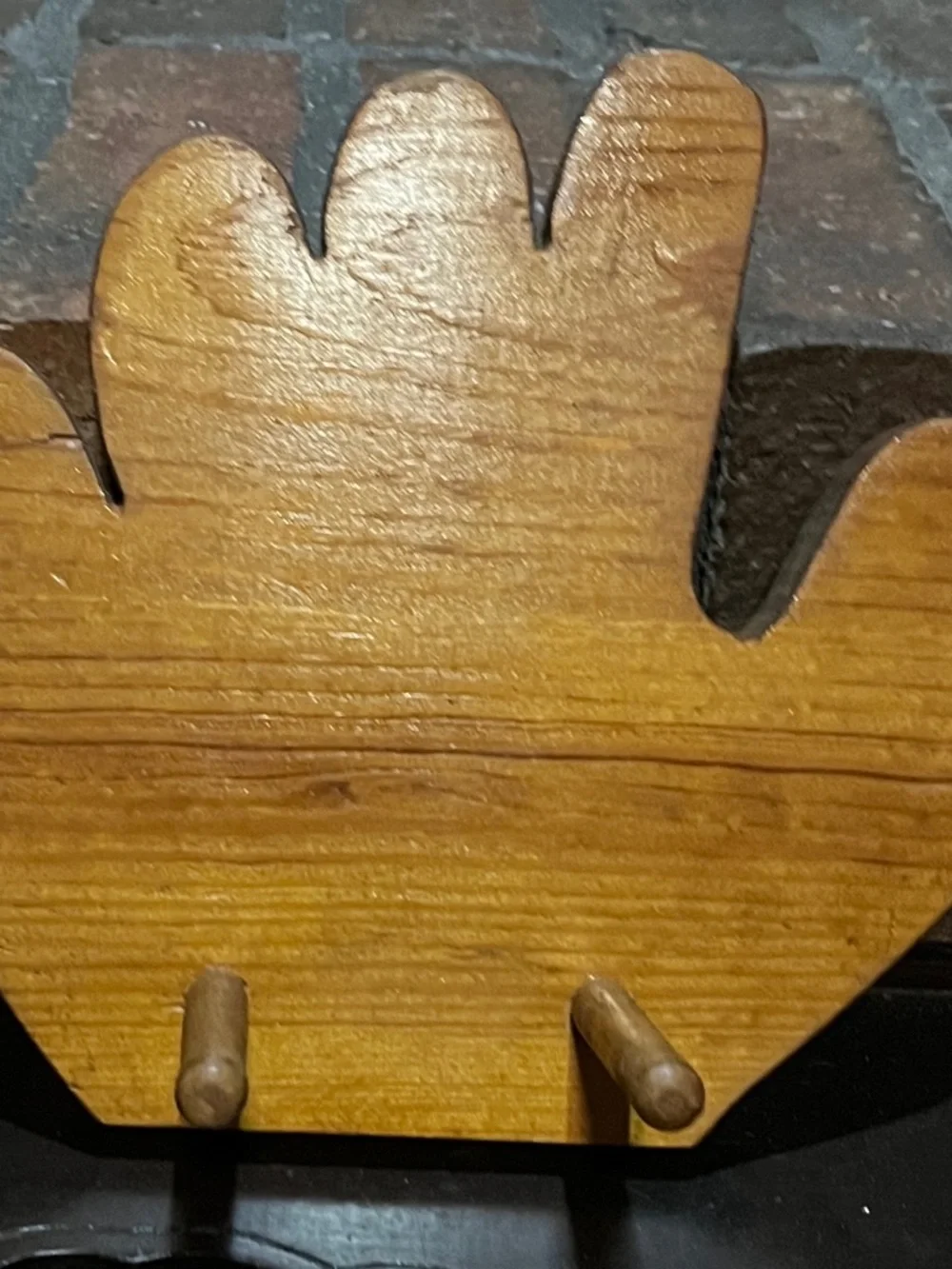 Vintage Handmade “glove” Wooden Wall Hook Rack in Warm Amber Finish